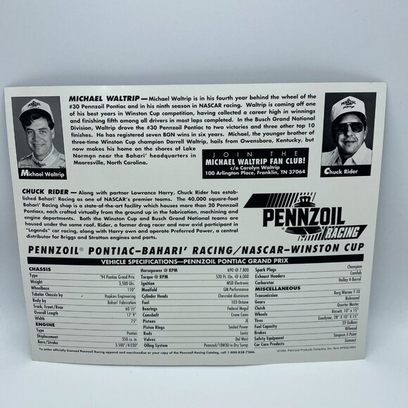 Michael Waltrip #30 1995 Pennzoil Car 8x10 NASCAR Photo of Pontiac Grand Prix - Picture 5 of 7